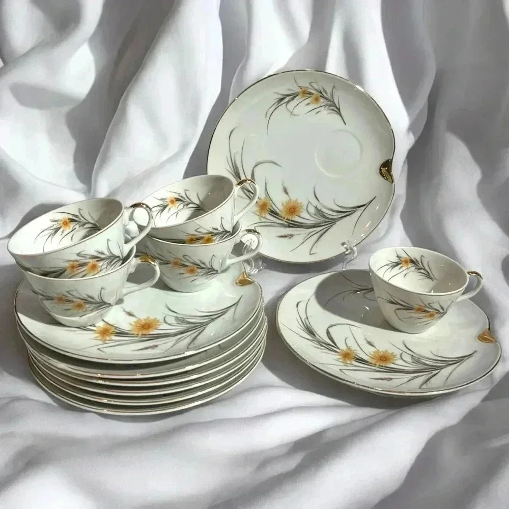 Vintage 1950s Napco China Hand Painted Wheat Flower Snack Plate and Tea Mug Set